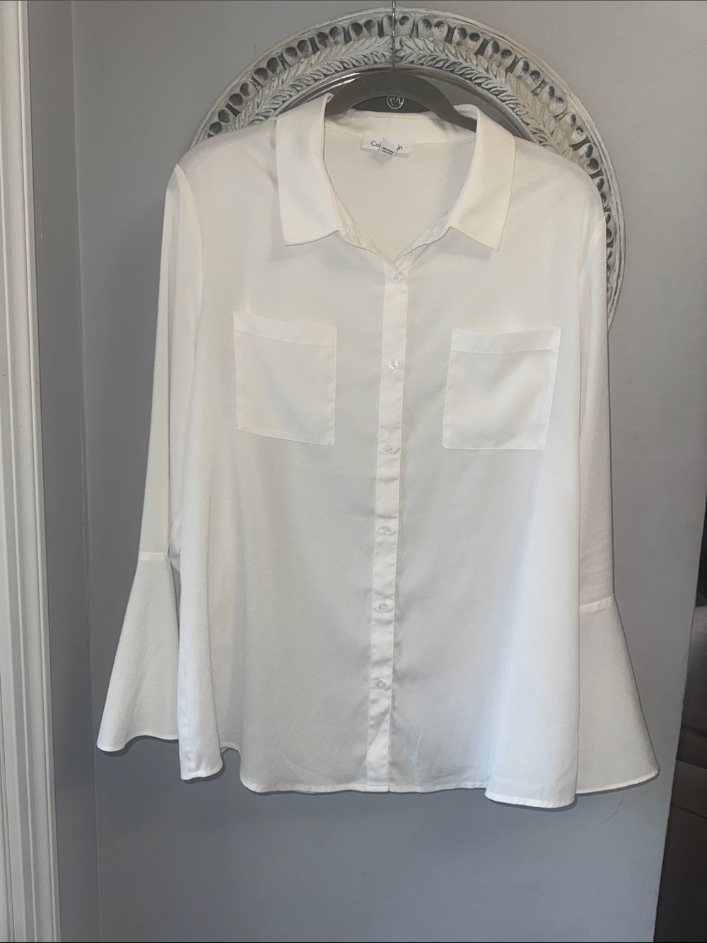 Calvin Klein White Button-Down Blouse with Flared Cuffs